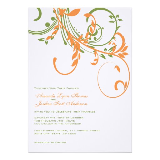 Orange and Green Double Floral Wedding Invitation (front side)