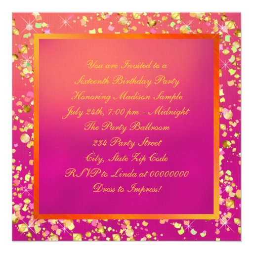 Orange and Pink Sweet Sixteen Party Personalized Invite