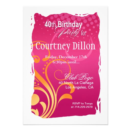 Orange and Pink Swirl 40th Birthday Party Custom Invitations