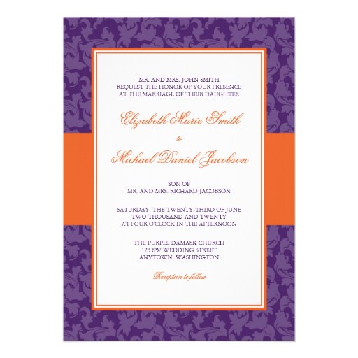 Orange and Purple Damask Swirl Wedding Invitation
