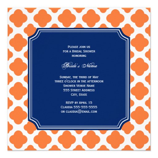 Orange and Royal Blue Quatrefoil Bridal Shower Custom Announcement
