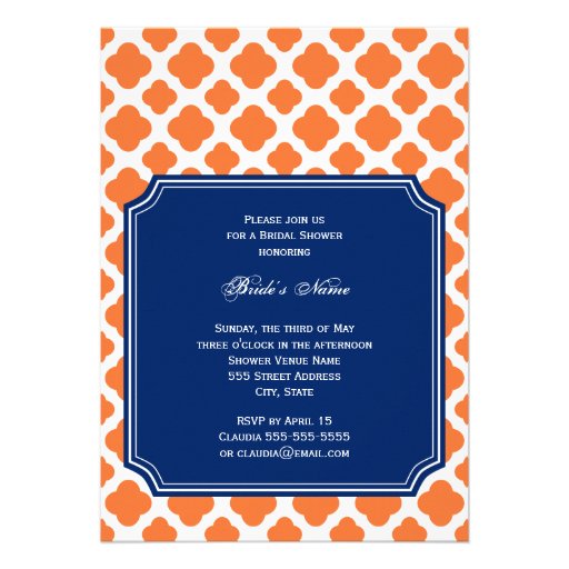 Orange and Royal Blue Quatrefoil Bridal Shower Custom Invite