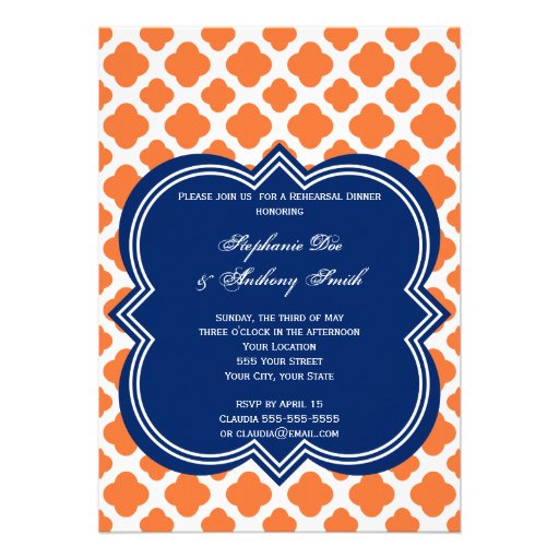 Orange and Royal Blue Quatrefoil  Rehearsal Dinner Invitations