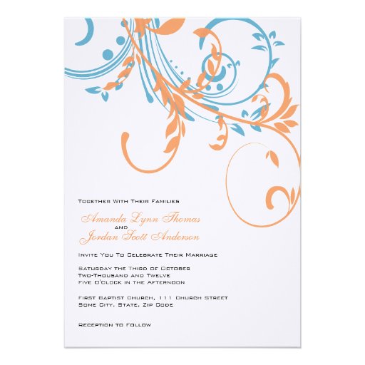 Orange and Teal Double Floral Wedding Invitation