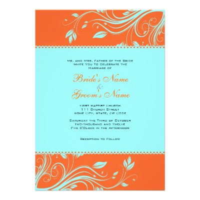 Orange and Teal Floral Swirls Wedding Invitation