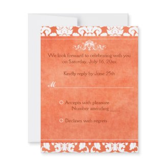 Orange and White Damask on Linen Reply Card invitation
