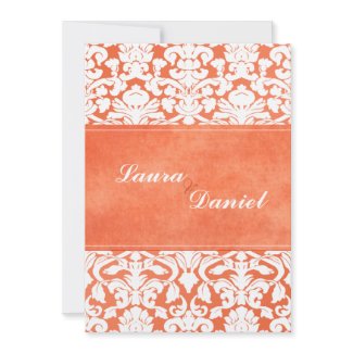 Orange and White Damask on Linen Wedding Invite invitation
