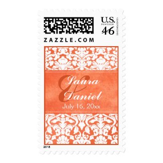 Orange and White Damask Wedding Postage stamp