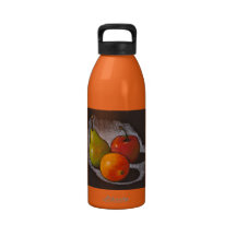 Orange, Apple, Pear: Oil Pastel Art on Black Water Bottles