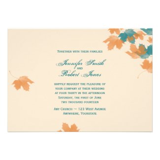 Orange Aqua Autumn Maple Leaf Wedding Invitation