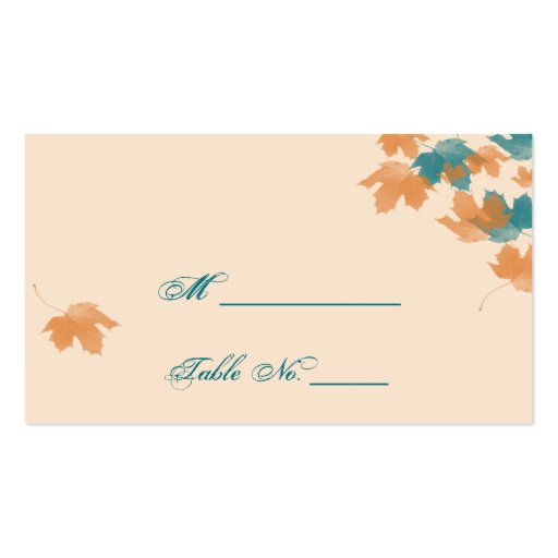 Orange Aqua Autumn Maple Leaf Wedding Place Cards Business Card (front side)