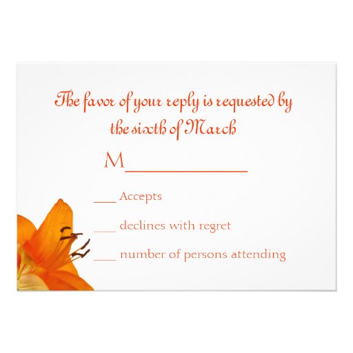 Orange Asiatic Lily Wedding RSVP card Personalized Announcement