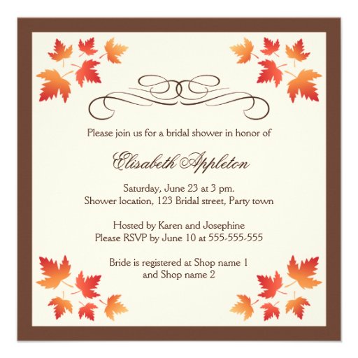 Orange autumn leaves elegant fall bridal shower personalized invites