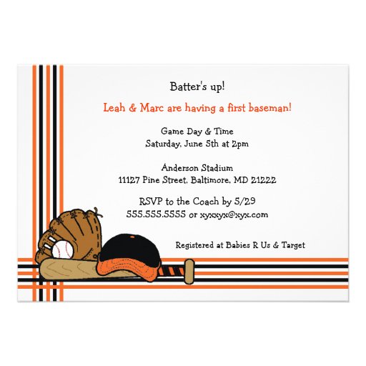 Orange & Black Baseball Baby Shower Birthday party Personalized Invitation