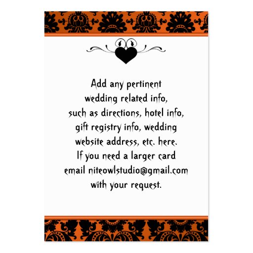 Orange, Black Damask Wedding Enclosure Card Business Cards (back side)