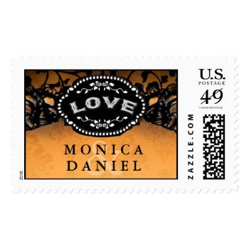 Orange & Black Elegant Halloween Love Wedding Name Stamp by juliea2010 at Zazzle