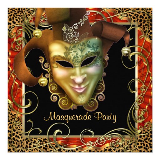 Orange Black Gold Leopard Masquerade Party Personalized Invitations