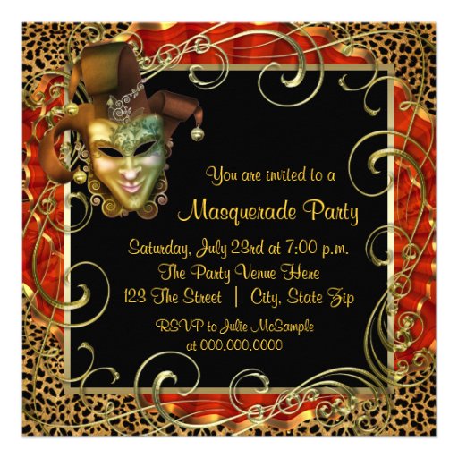 Orange Black Gold Leopard Masquerade Party Personalized Invitations