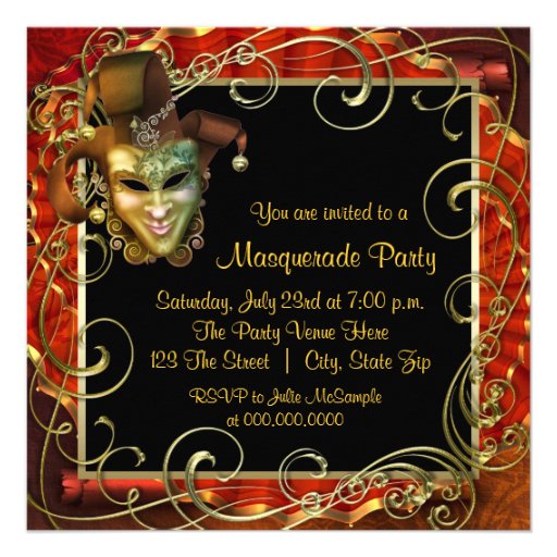 Orange Black Gold Masquerade Party Invitations