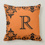 Orange & Black Monogram Damask Pillow