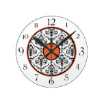 Orange Black & White Damask Elegant Round Clock
