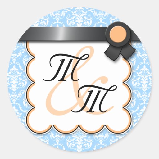 Orange & Blue Damask Double Monogram Stickers