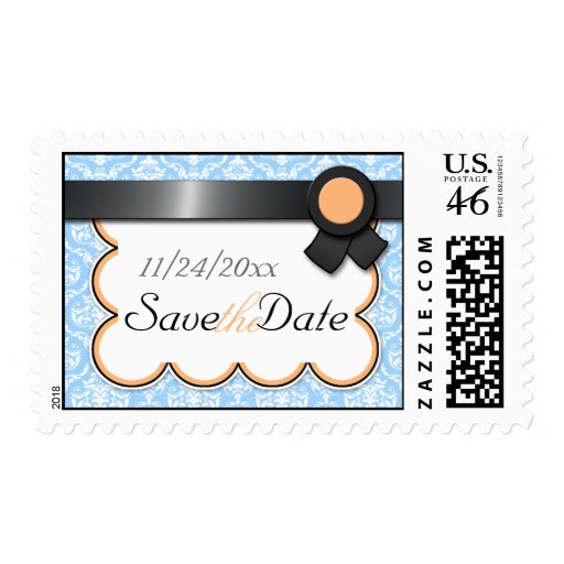 Orange & Blue Damask Save the Date Postage Stamps