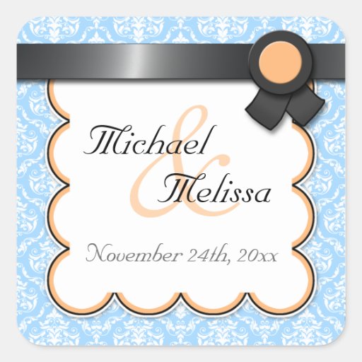 Orange & Blue Damask Wedding Favor Stickers