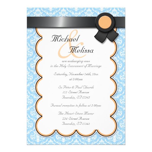 Orange & Blue Damask Wedding Invitations