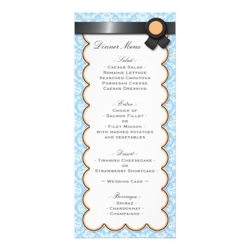 Orange & Blue Damask Wedding Reception Menu Custom Rack Card