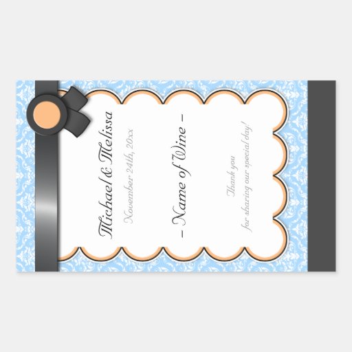 Orange & Blue Damask Wedding Wine Bottle Labels Sticker