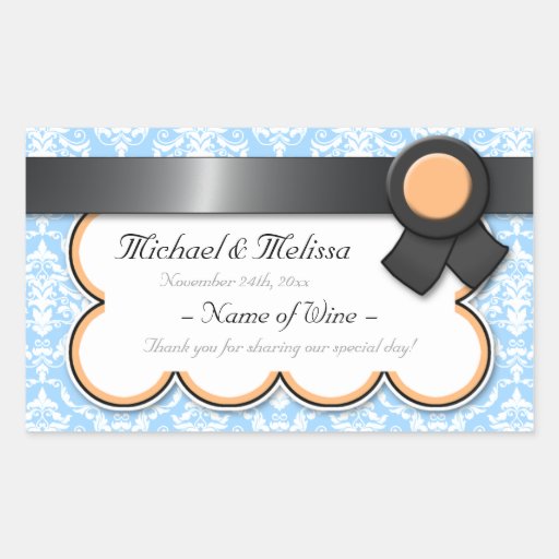 Orange & Blue Damask Wedding Wine Bottle Labels Rectangle Sticker