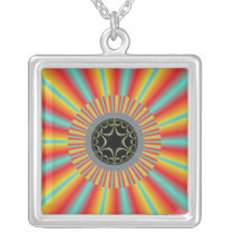 Orange Blue Sunburst Fractal Personalized Necklace