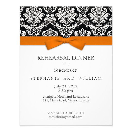 Orange Bow Damask Rehearsal Dinner Invitation