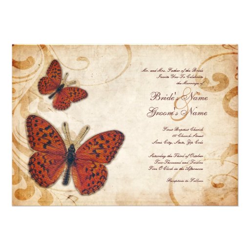 Orange Butterflies Vintage Wedding Invitations