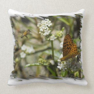 Orange Butterfly and Bee White Edge Pillow
