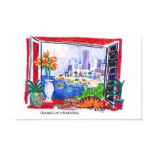 Orange Cat, flowers and beach view posters