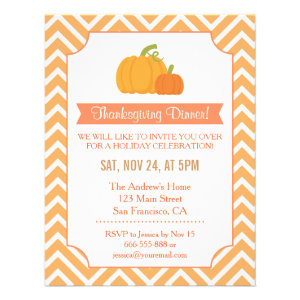 Orange Chevron Pumpkin Thanksgiving Dinner Party Invites