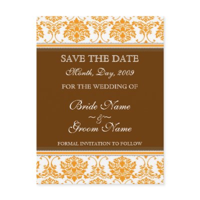 Orange Chocolate Damask Save the Date Postcards