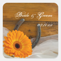 Orange Daisy and Horseshoe Country Wedding Sticker
