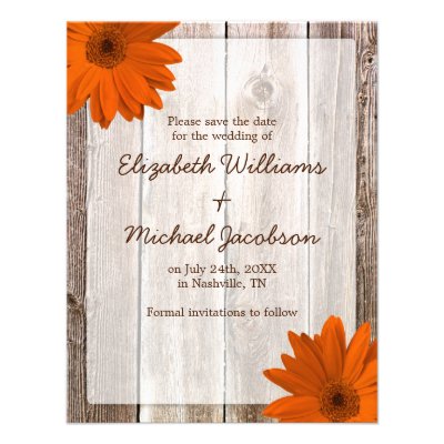 Orange Daisy Barn Wood Save the Date Announcement