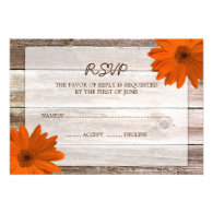Orange Daisy Barn Wood Wedding RSVP Response Card Invite
