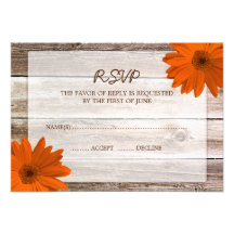 Orange Daisy Barn Wood Wedding RSVP Response Card Invite