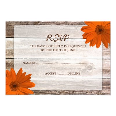 Orange Daisy Barn Wood Wedding RSVP Response Card Invite