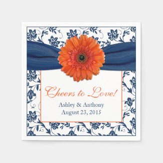 Orange Daisy Navy Blue Damask Personalized Wedding Disposable Napkins