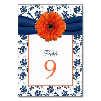 Orange Daisy Navy Blue Damask Ribbon Wedding Table Card