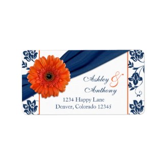 Orange Daisy Navy Damask Wedding Return Address Labels