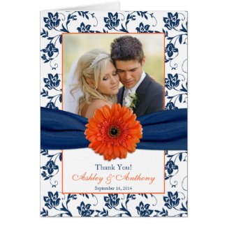 Orange Daisy Navy Damask Wedding Thank You Card Greeting Cards