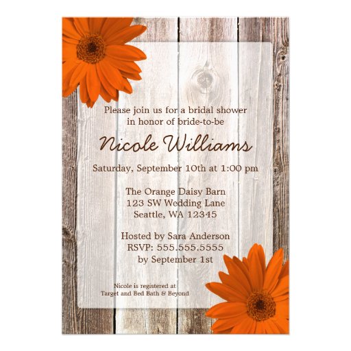Orange Daisy Rustic Barn Wood Bridal Shower Personalized Invite