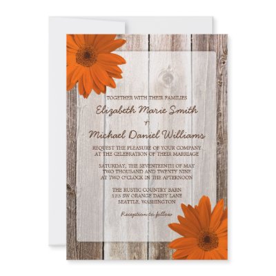 Orange Daisy Rustic Barn Wood Wedding Invite by printcreekstudio